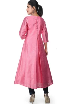Hand Embroidered Dupion Silk Side Slit Kurta in Pink