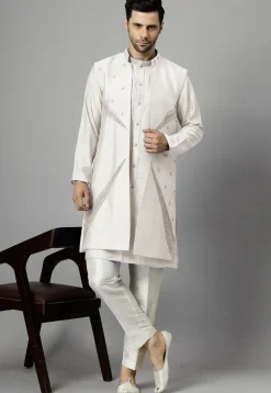 Hand Embroidered Dupion Silk Kurta Set in Off White