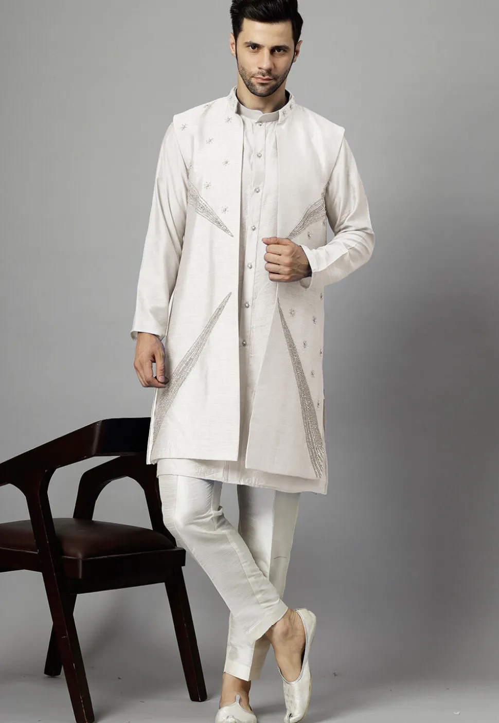 Hand Embroidered Dupion Silk Kurta Set in Off White