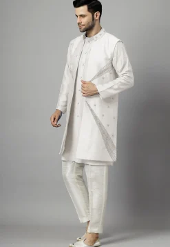 Hand Embroidered Dupion Silk Kurta Set in Off White