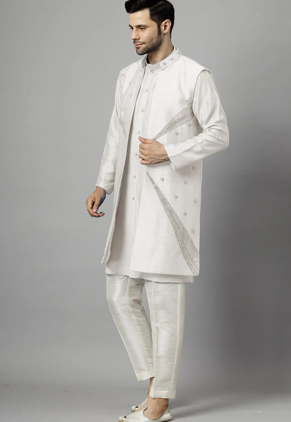Hand Embroidered Dupion Silk Kurta Set in Off White