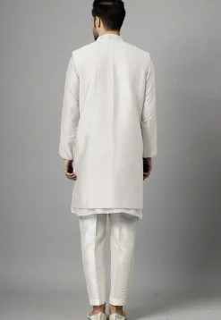 Hand Embroidered Dupion Silk Kurta Set in Off White