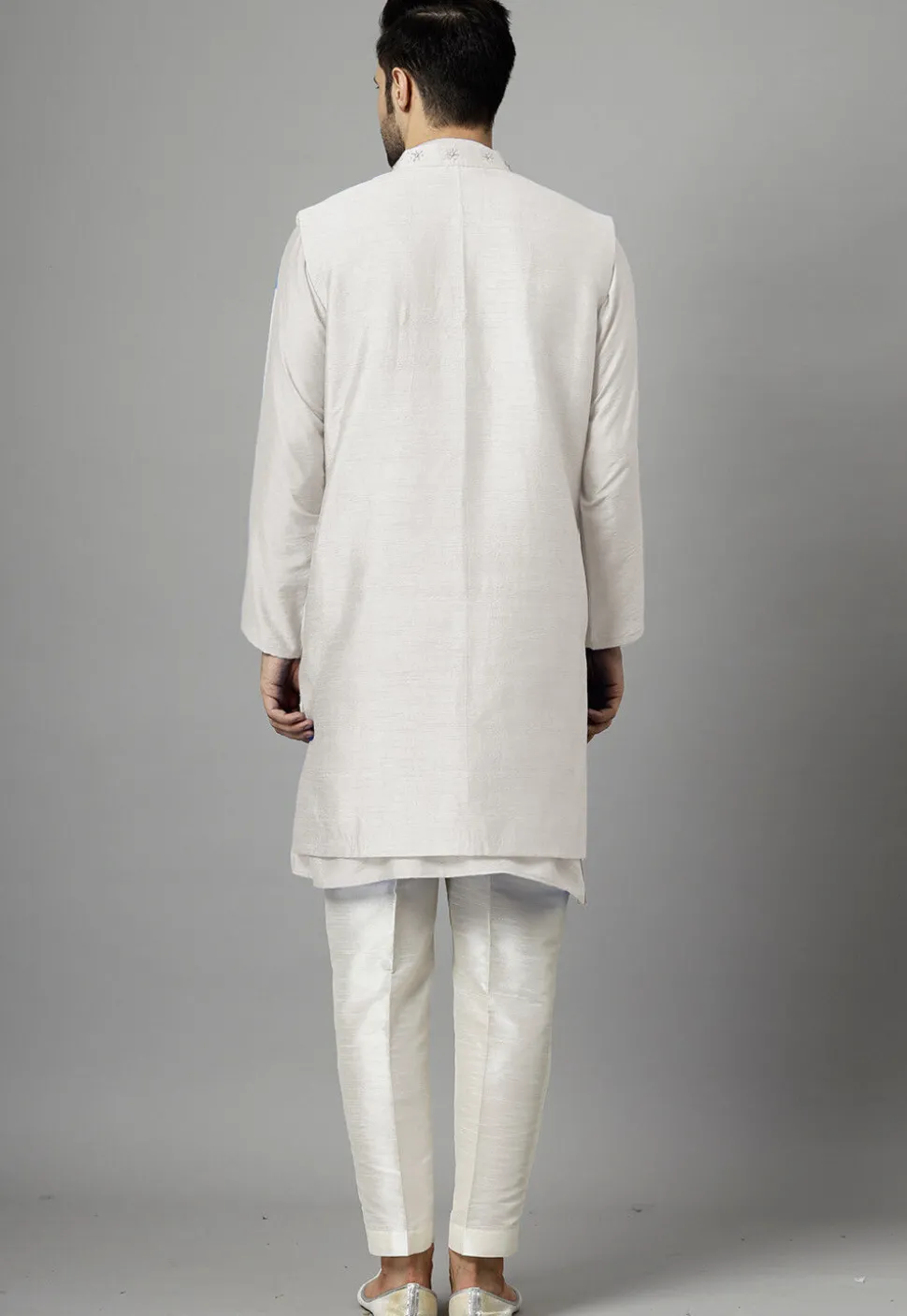 Hand Embroidered Dupion Silk Kurta Set in Off White