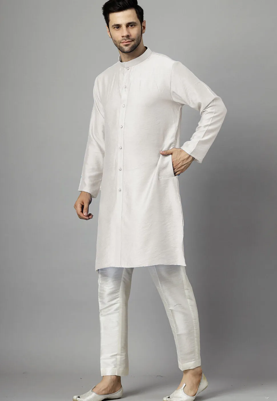 Hand Embroidered Dupion Silk Kurta Set in Off White
