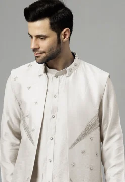 Hand Embroidered Dupion Silk Kurta Set in Off White