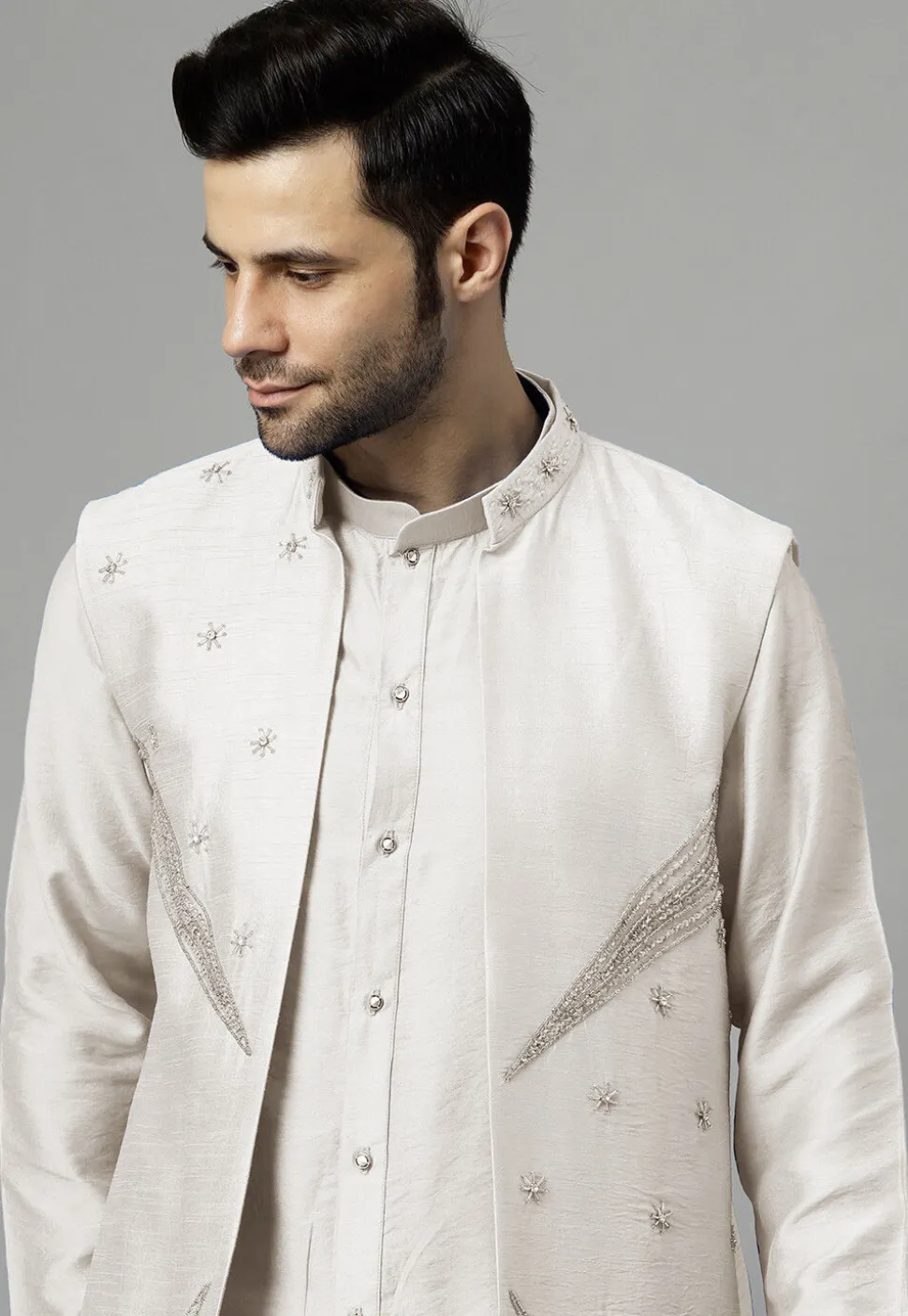 Hand Embroidered Dupion Silk Kurta Set in Off White