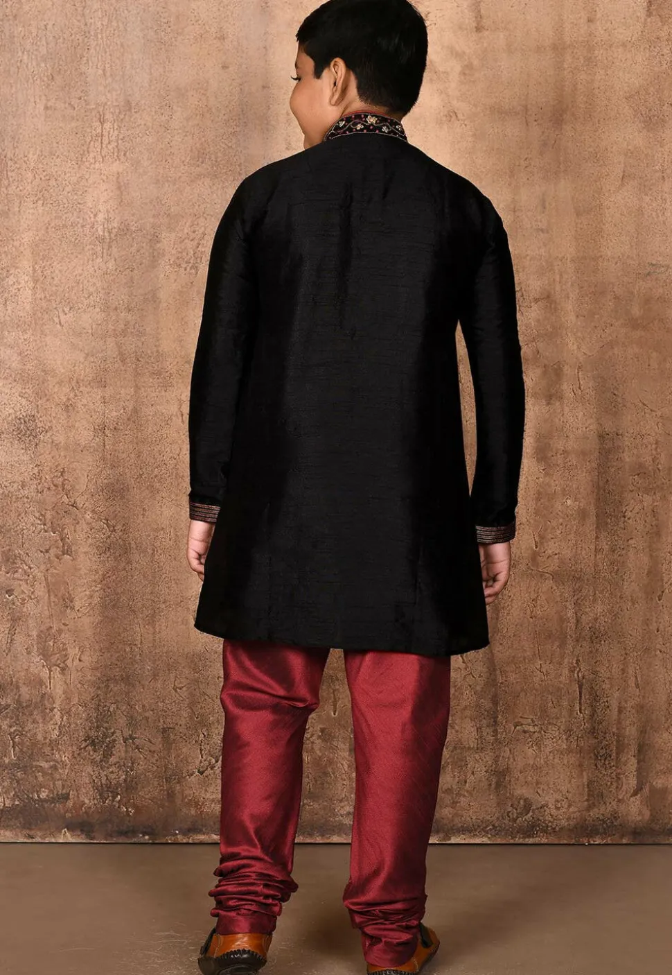 Hand Embroidered Dupion Silk Kurta Set in Black