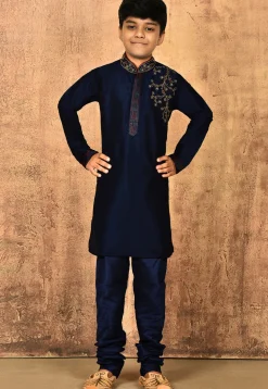 Hand Embroidered Dupion Silk Kurta Set in Navy Blue