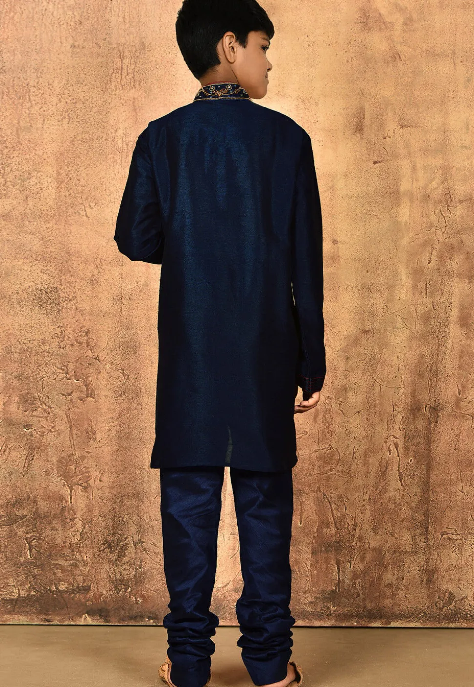 Hand Embroidered Dupion Silk Kurta Set in Navy Blue