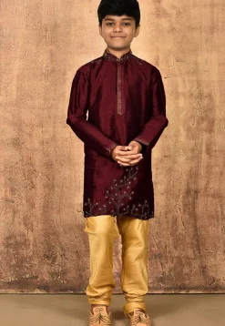 Hand Embroidered Dupion Silk Kurta Set in Maroon