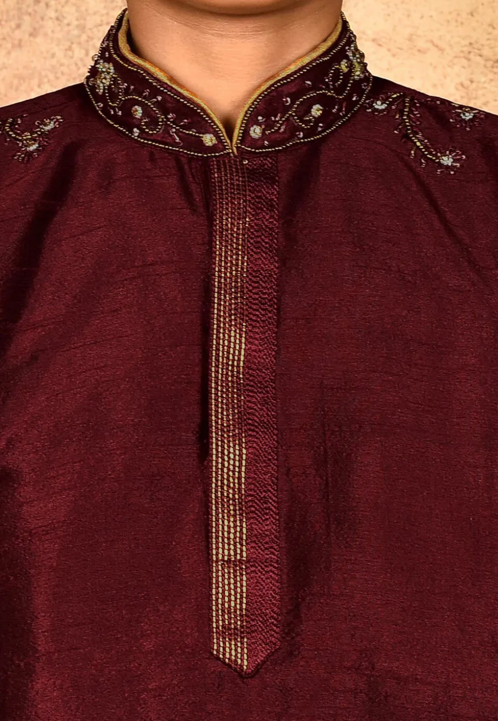 Hand Embroidered Dupion Silk Kurta Set in Maroon