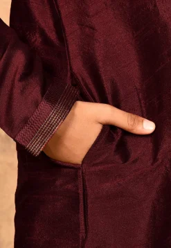 Hand Embroidered Dupion Silk Kurta Set in Maroon