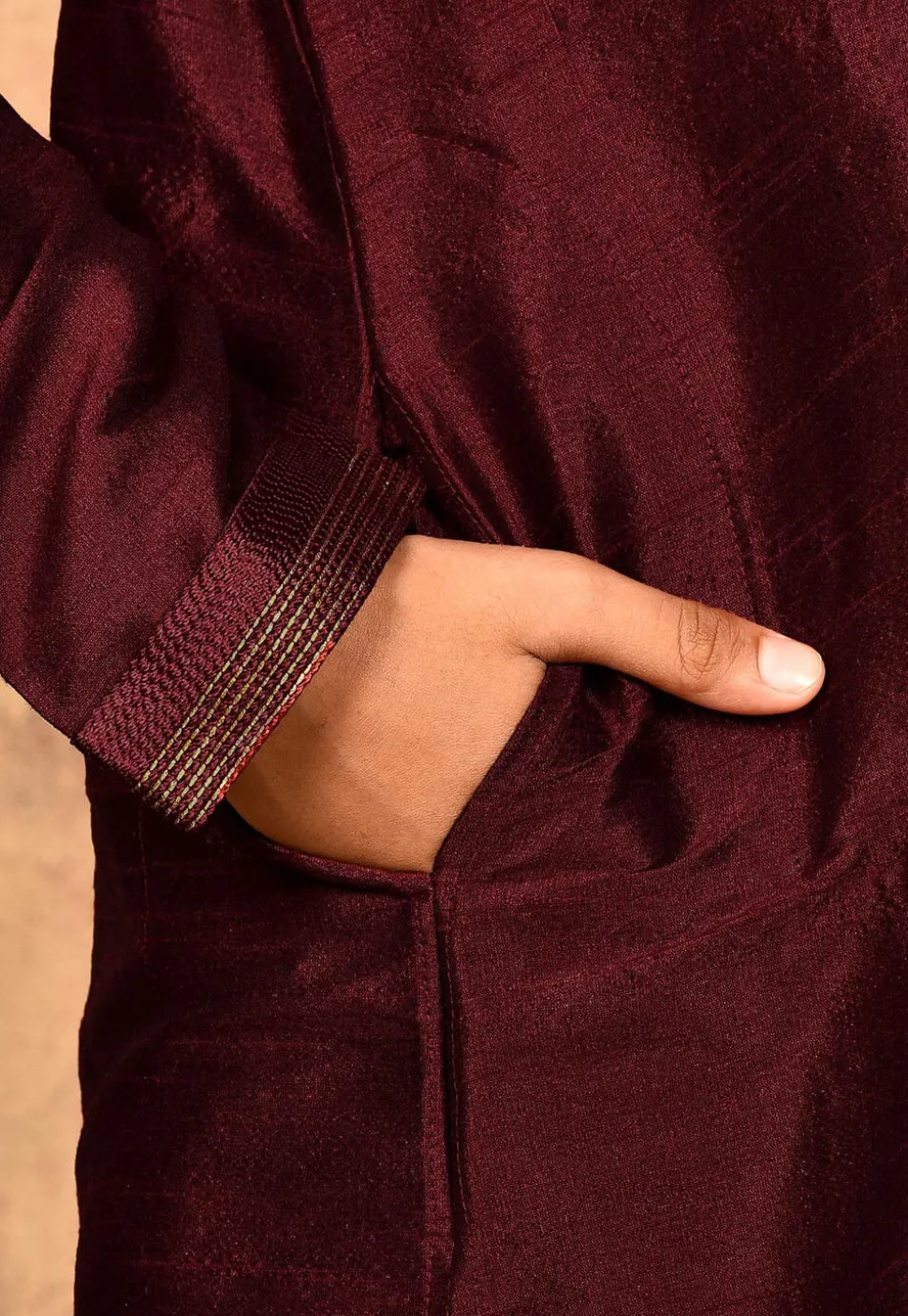 Hand Embroidered Dupion Silk Kurta Set in Maroon