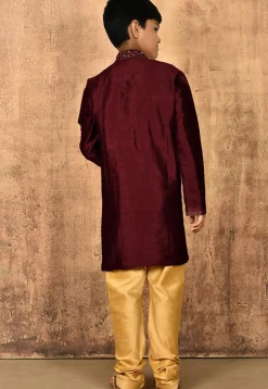 Hand Embroidered Dupion Silk Kurta Set in Maroon