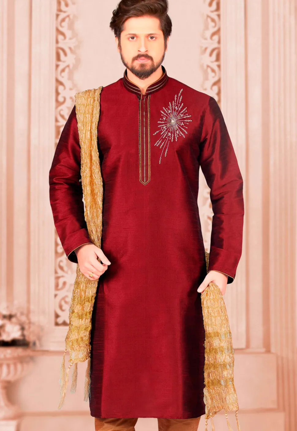 Hand Embroidered Dupion Silk Kurta in Maroon