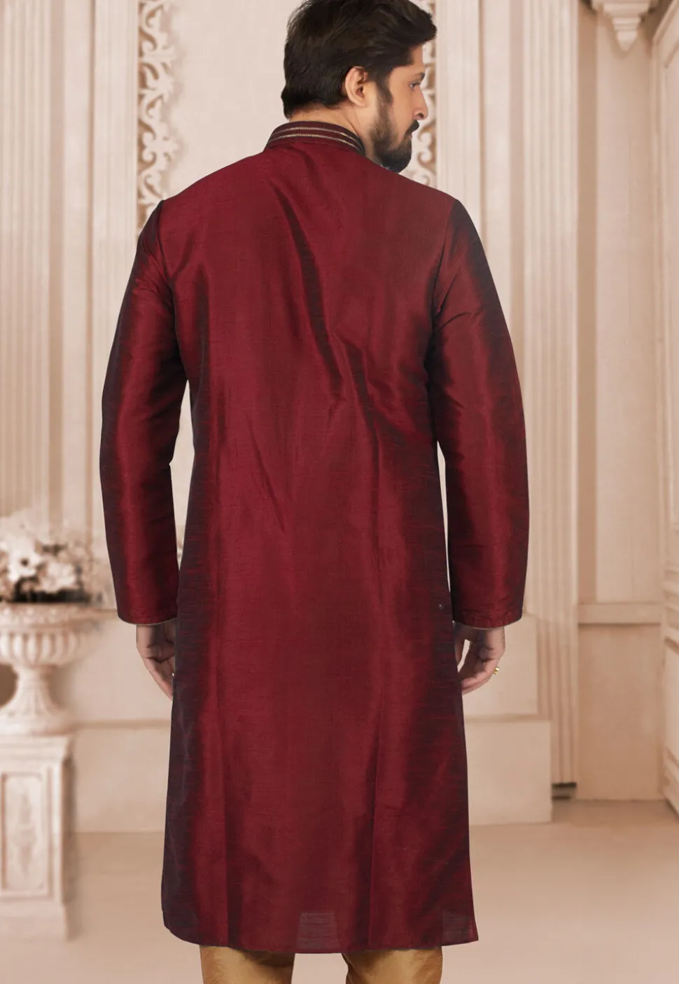 Hand Embroidered Dupion Silk Kurta in Maroon