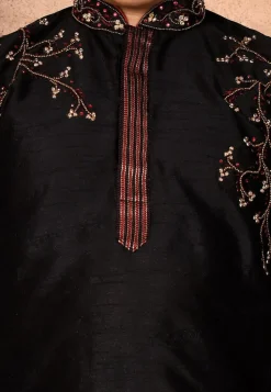 Hand Embroidered Dupion Silk Kurta in Black