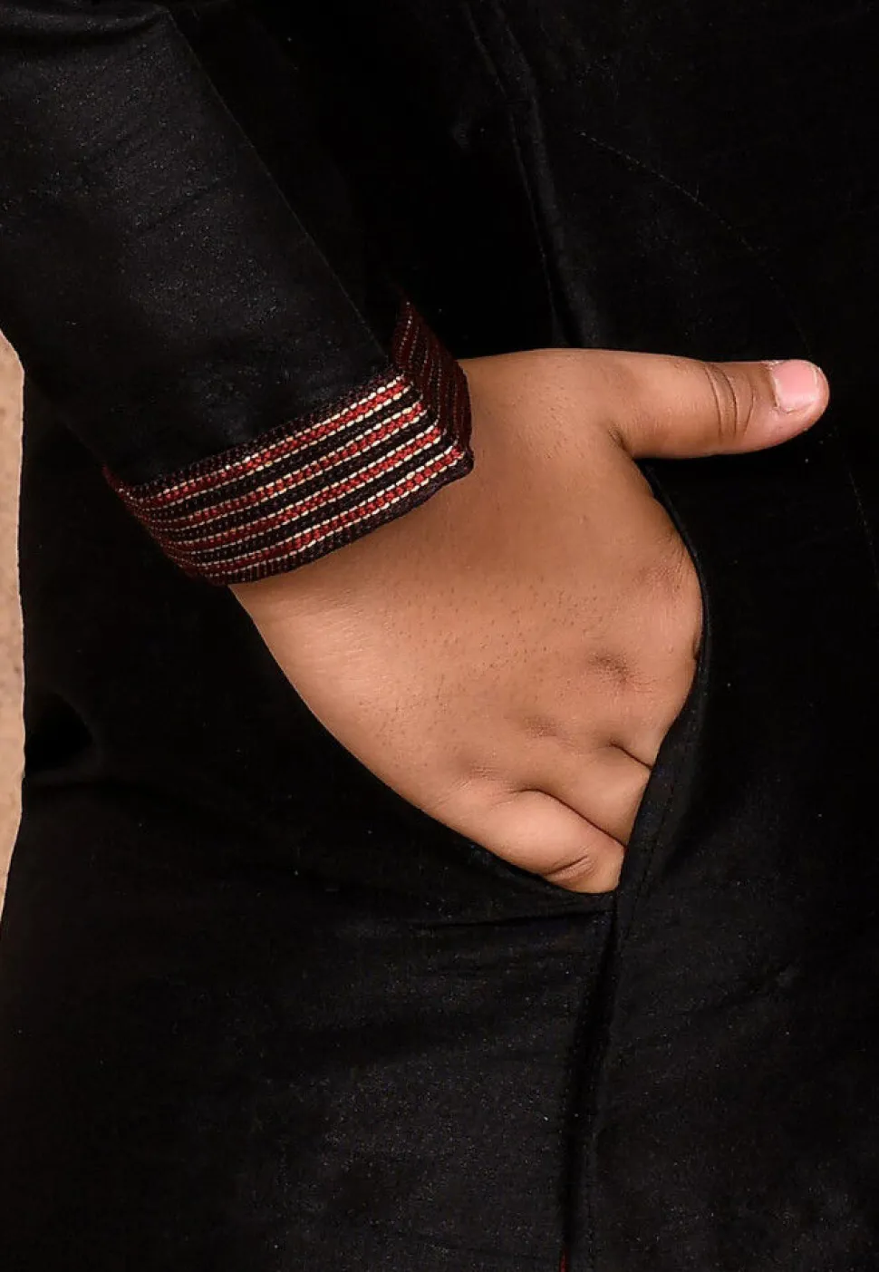 Hand Embroidered Dupion Silk Kurta in Black