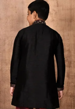 Hand Embroidered Dupion Silk Kurta in Black