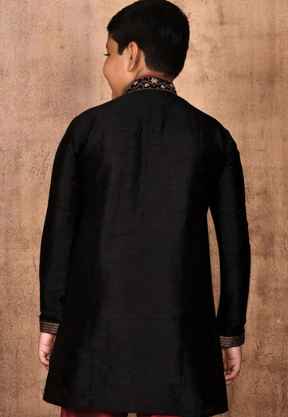 Hand Embroidered Dupion Silk Kurta in Black