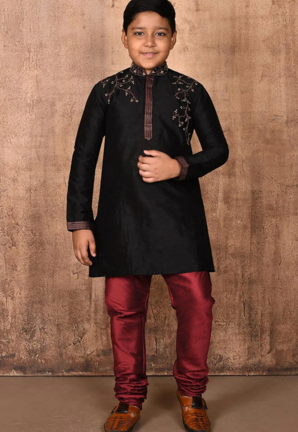 Hand Embroidered Dupion Silk Kurta in Black
