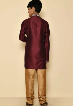 Hand Embroidered Dupion Silk Kurta Set in Maroon