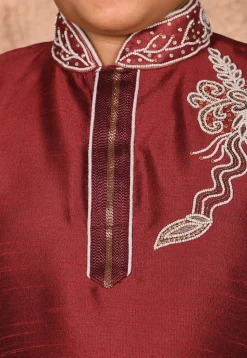 Hand Embroidered Dupion Silk Kurta in Maroon