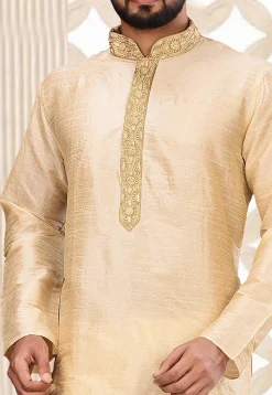 Hand Embroidered Dupion Silk Kurta in Light Beige