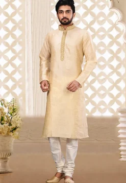 Hand Embroidered Dupion Silk Kurta in Light Beige