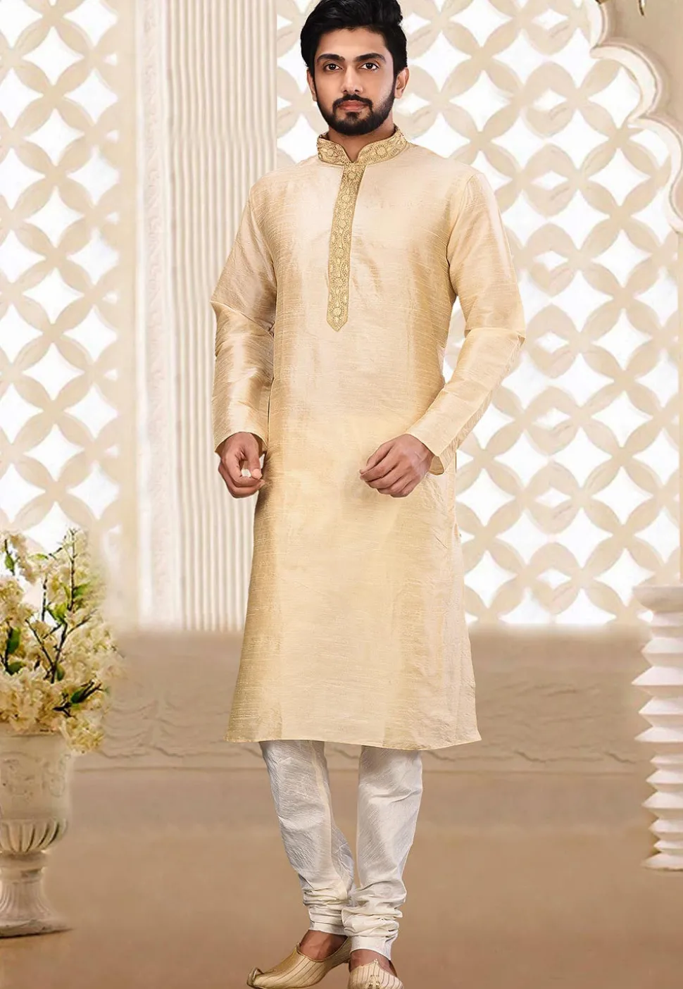 Hand Embroidered Dupion Silk Kurta in Light Beige