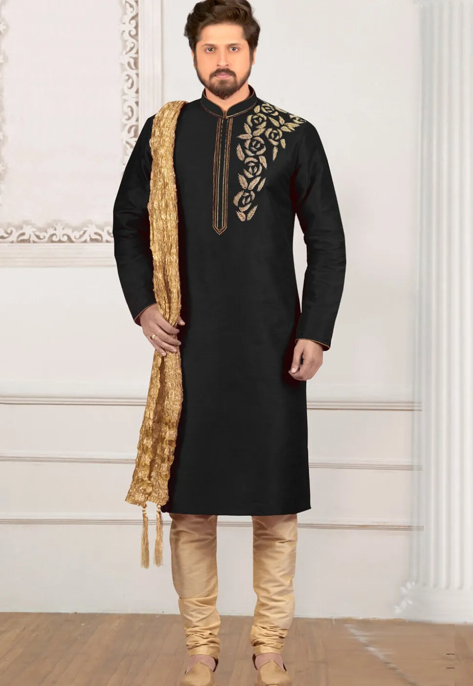 Hand Embroidered Dupion Silk Kurta Set in Black