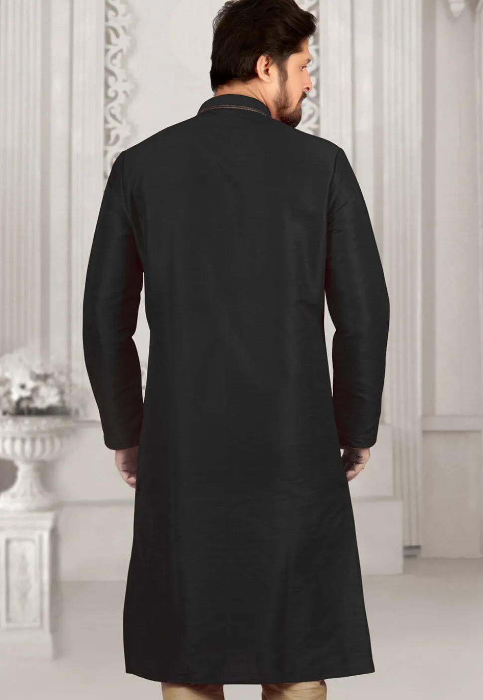 Hand Embroidered Dupion Silk Kurta Set in Black