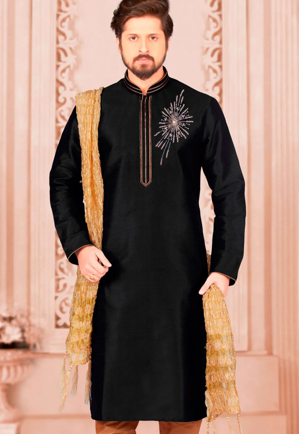 Hand Embroidered Dupion Silk Kurta in Black