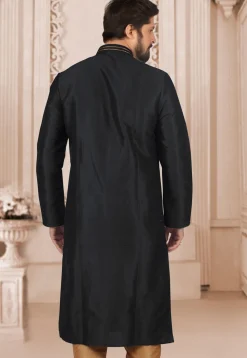 Hand Embroidered Dupion Silk Kurta in Black