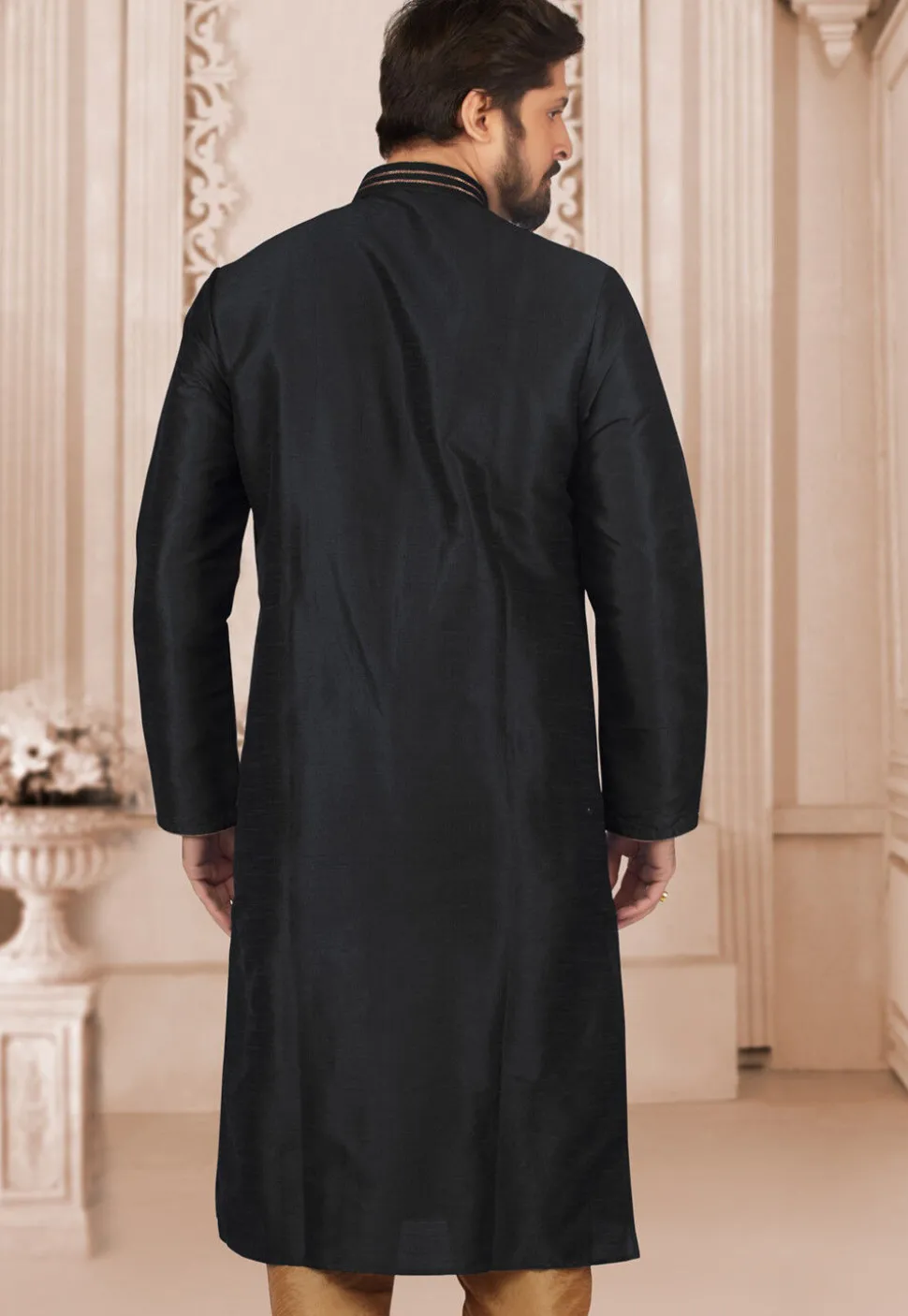 Hand Embroidered Dupion Silk Kurta in Black