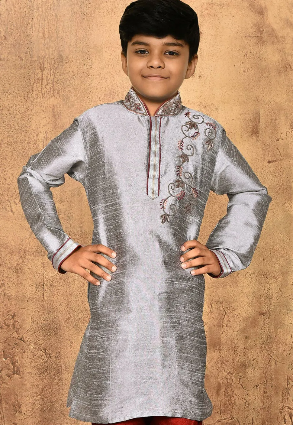 Hand Embroidered Dupion Silk Kurta in Grey