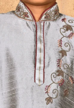 Hand Embroidered Dupion Silk Kurta in Grey