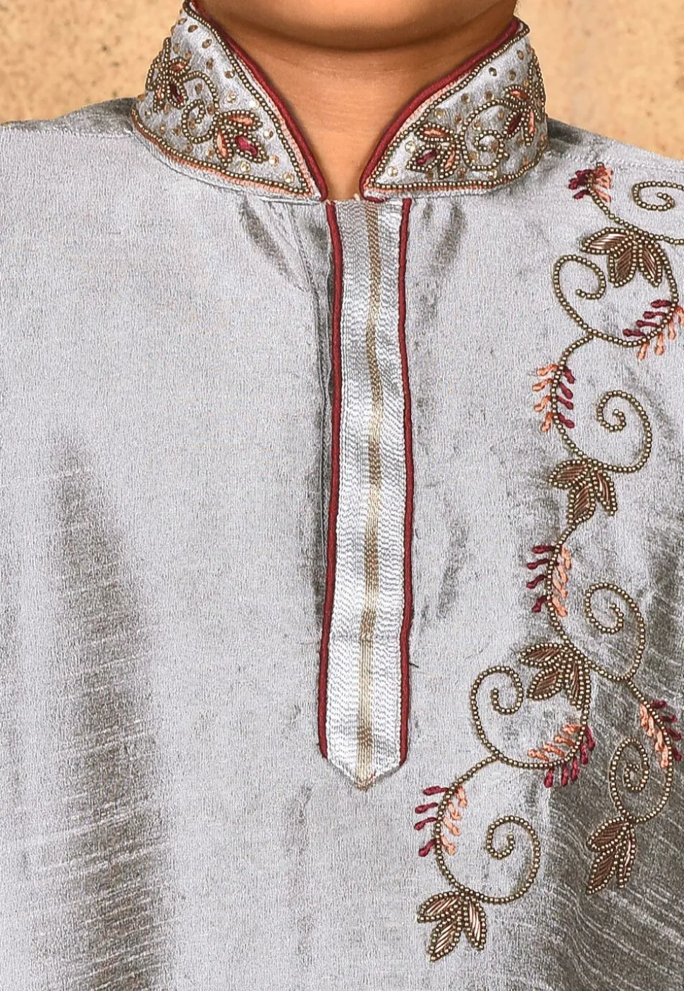 Hand Embroidered Dupion Silk Kurta in Grey
