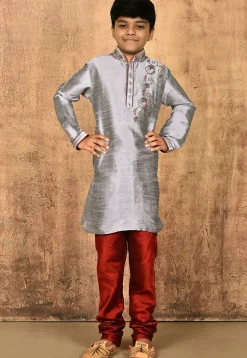 Hand Embroidered Dupion Silk Kurta in Grey