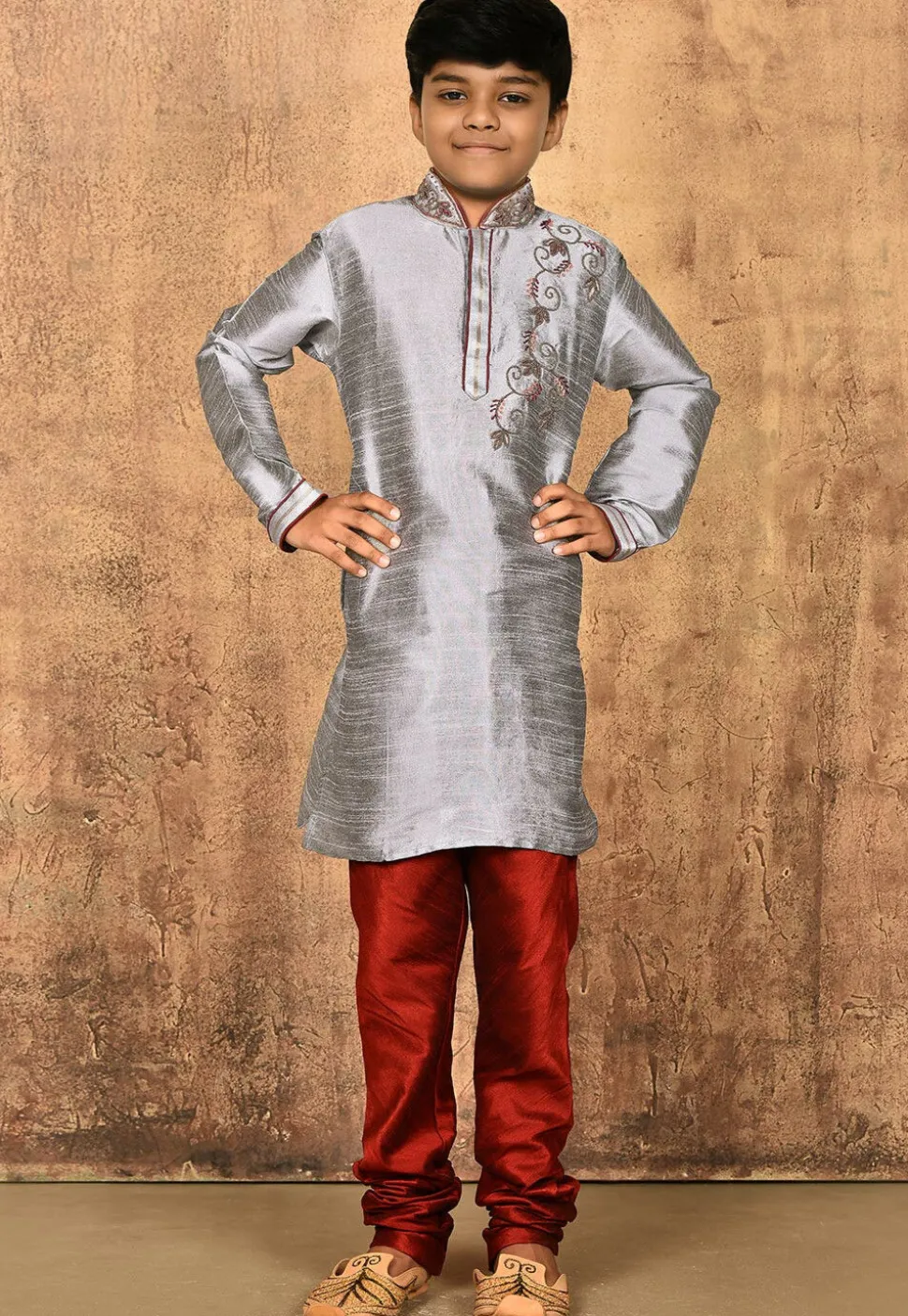 Hand Embroidered Dupion Silk Kurta in Grey