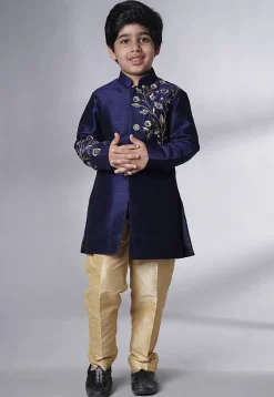 Hand Embroidered Dupion Silk Sherwani Set in Navy Blue