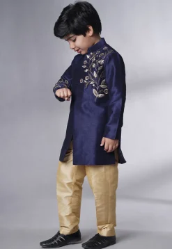 Hand Embroidered Dupion Silk Sherwani Set in Navy Blue