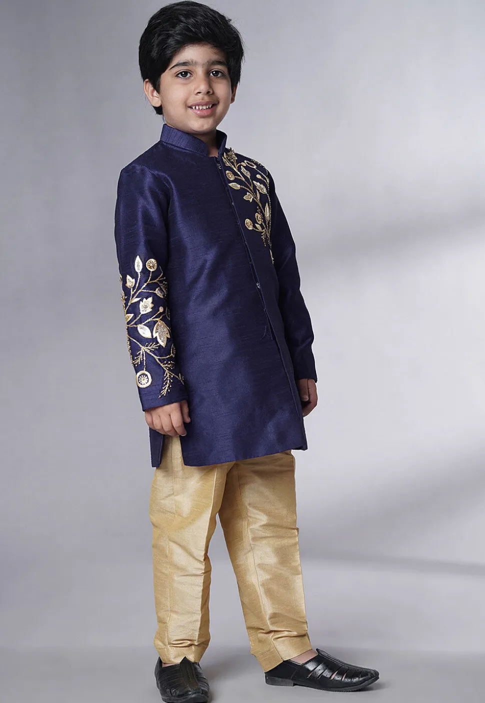 Hand Embroidered Dupion Silk Sherwani Set in Navy Blue