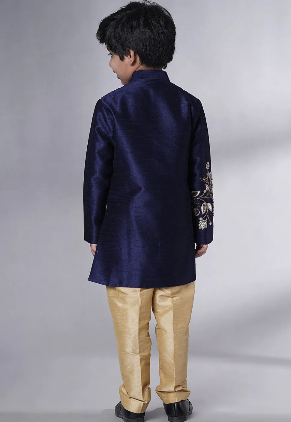 Hand Embroidered Dupion Silk Sherwani Set in Navy Blue