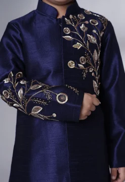 Hand Embroidered Dupion Silk Sherwani Set in Navy Blue
