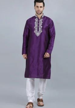 Hand Embroidered Dupion Silk Kurta Set in Violet