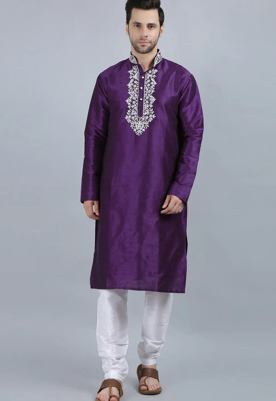 Hand Embroidered Dupion Silk Kurta Set in Violet
