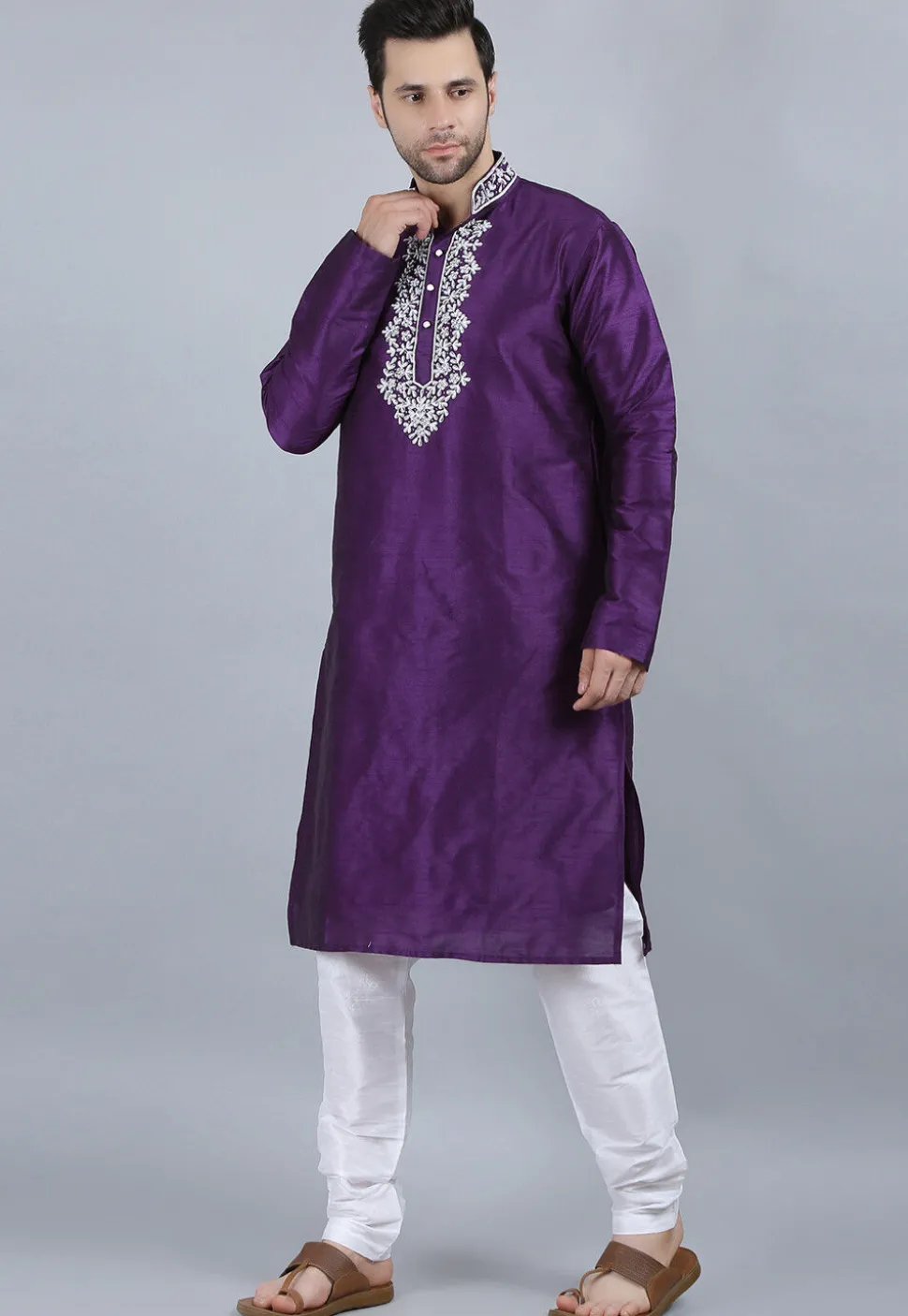 Hand Embroidered Dupion Silk Kurta Set in Violet