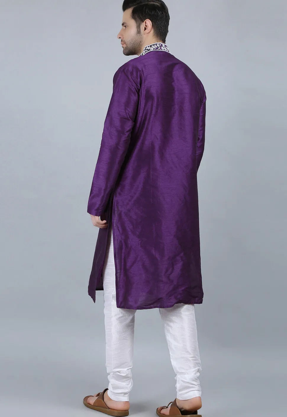 Hand Embroidered Dupion Silk Kurta Set in Violet