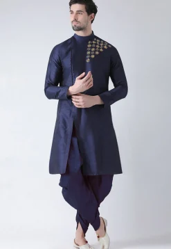 Hand Embroidered Dupion Silk Kurta Set in Navy Blue